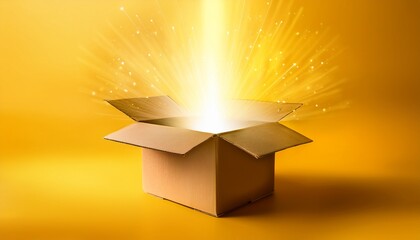mystical golden light burst emanating from open cardboard box on yellow background