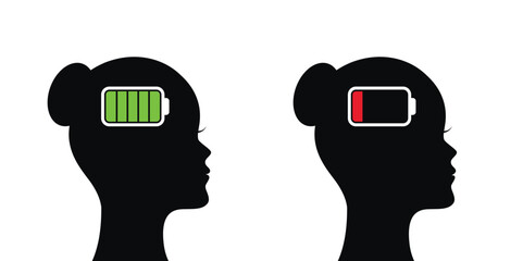 mental health woman silhouette with full and empty battery vector illustration
