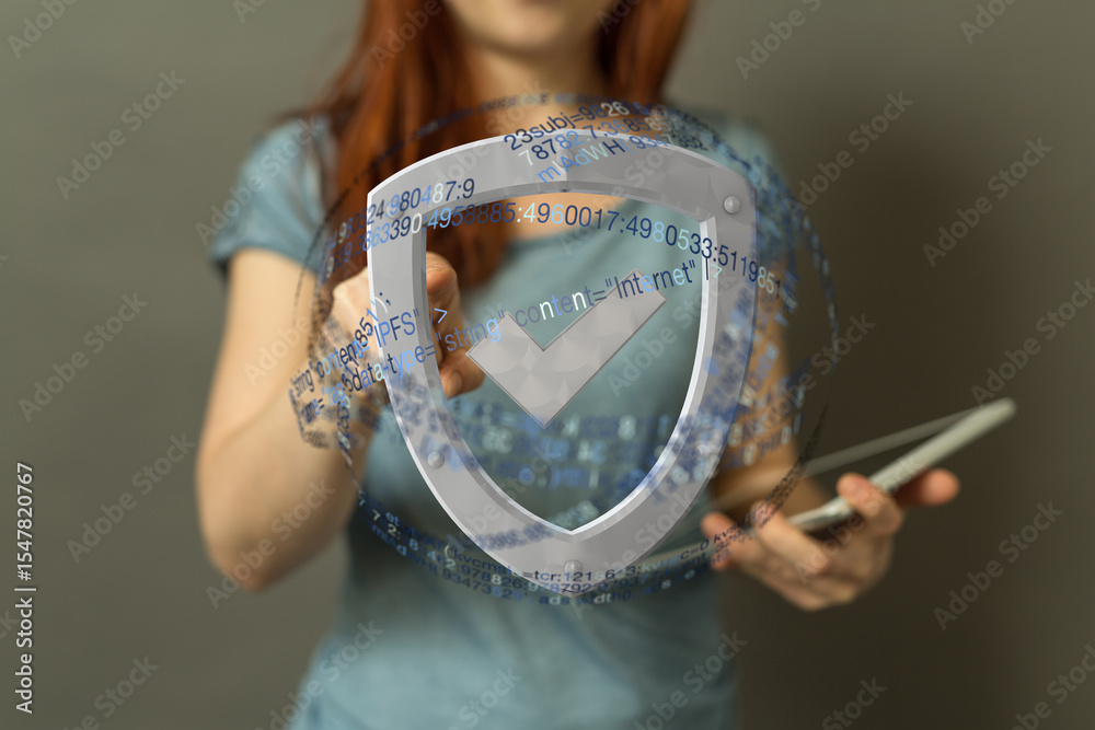 Poster stock photo of a woman interacting with a digital shield representing internet security and data pro