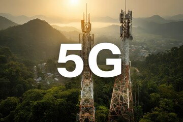 A cell tower standing tall in a rural landscape, with the number 5G prominently displayed on it, symbolizing fast internet connectivity.