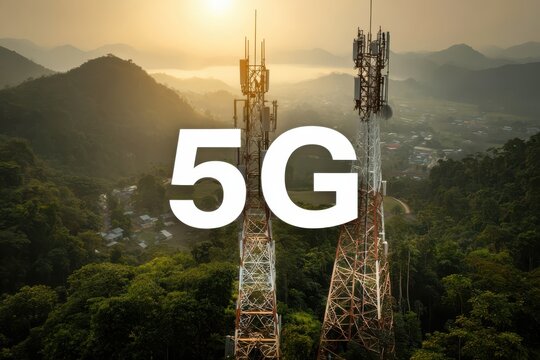 A cell tower standing tall in a rural landscape, with the number 5G prominently displayed on it, symbolizing fast internet connectivity.