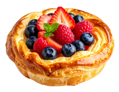 Open-Faced Danish Pastry with Mixed Berries and Mint, isolated on transparent background