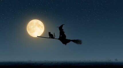 Fototapeta premium Witch silhouette and cat on broomstick flying against full moonlit night sky