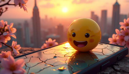 Smiling Face on Phone with Cityscape and Blossoms at Sunset