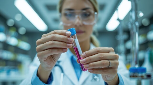 Doctor holding medical test tube with sample in laboratory, healthcare professional analyzing specimen for research or diagnosis, early disease detection and prevention concept.