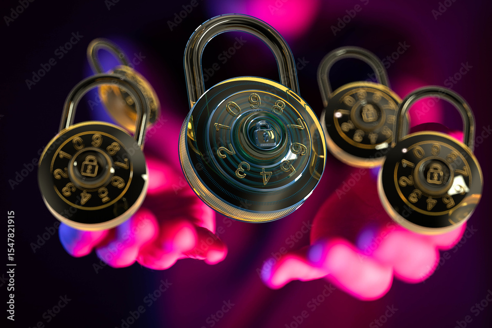 Poster High-quality image of multiple combination locks. Perfect for security, privacy, and protection concepts.