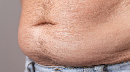 Close up view of hairy male abdomen with visible skin texture and folds, showing natural body hair and skin details in casual setting