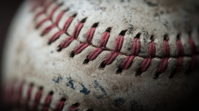 Close-up of weathered baseball with red stitching
