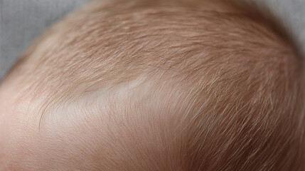 Baby scalp with fine soft hair close up, showing delicate skin texture and light brown hair strands in natural lighting, capturing gentle and tender nature of infancy