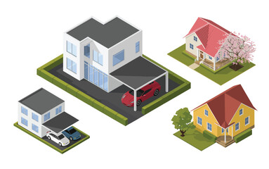 isometric illustration of suburban neighborhood featuring modern and traditional houses with cars, gardens, trees, and driveways