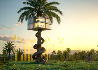 Futuristic Treehouse with Financial Graph Overlay at Sunse,Real Estate Growth Symbolized with Treehouse and Candlestick Chart