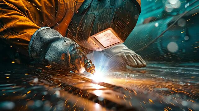 underwater welding in action - a professional welder in a diving suit performs technical work at depth. Used in engineering, shipbuilding, infrastructure and emergency marine repairs.