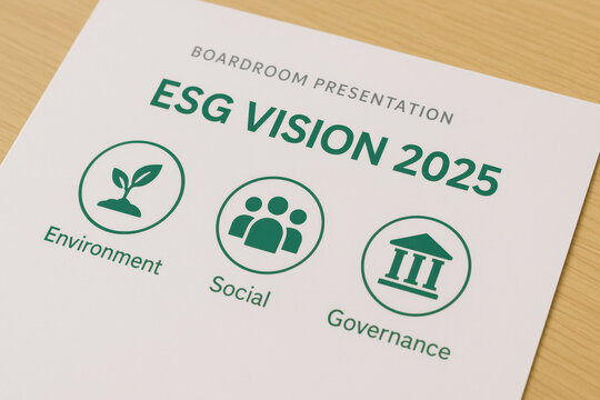 ESG strategy vision 2025 boardroom presentation with environment social governance icons on paper for sustainable business planning