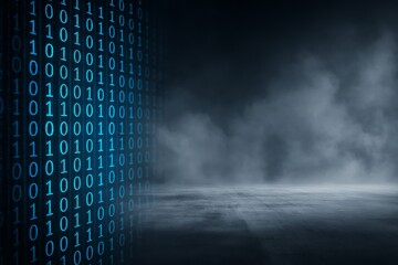 Binary Code Wall in Foggy Dark Room – Futuristic Data Technology Background with Blue Digits and Cybersecurity Ambience

