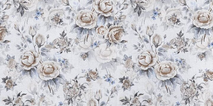 Vintage floral rose pattern in soft beige and grey tones, seamless decorative background for wallpaper, fabric, interior, and home decor