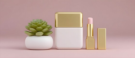 Elegant beauty products with succulent on pastel background