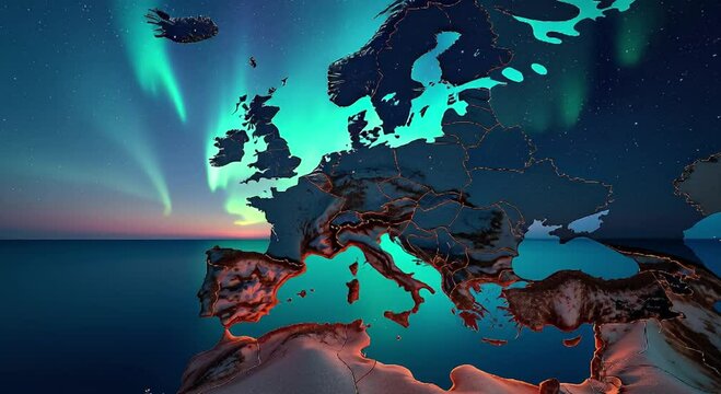 map europe aurora borealis brightly illuminating night sky map animated stars twinkling backgrou