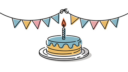 colorful birthday cake with single candle and festive bunting flags on blue background, ideal for celebrations and party invitations