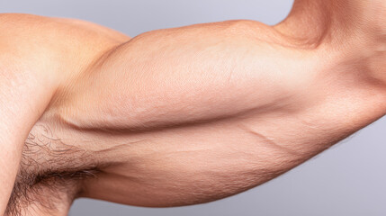 Close up view of bent inner arm near elbow crease showing detailed skin texture and natural hair, highlighting anatomy and natural appearance of human arm