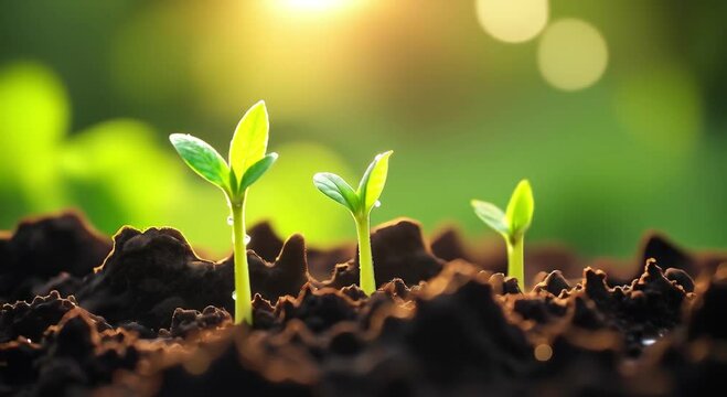 small plant growing ground water droplets surrounded soil background blurred giving image dreamy eth