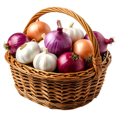 A Basket of Fresh Onion and Garlic: A bountiful basket overflows with a colorful mix of fresh red and yellow onions and fragrant garlic bulbs. a rustic and inviting scene of harvest bounty. 
