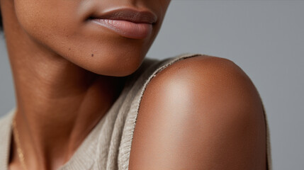 Smooth dark skin close up showing natural texture on shoulder and lips with soft lighting and neutral background, highlighting healthy and moisturized skin appearance