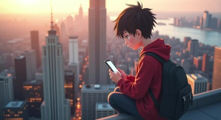 young boy sitting top building looking cell phone wearing backpack determined expression face b