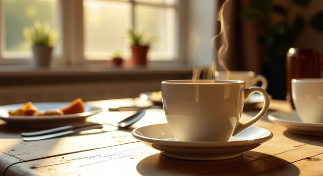 wooden table cup coffee sitting top surrounded saucers plates spoons objects background