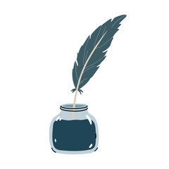 Inkstand with a quill pen isolated on a white background. Vector hand-drawn illustration in flat style. Perfect for decorations, logo, various designs.
