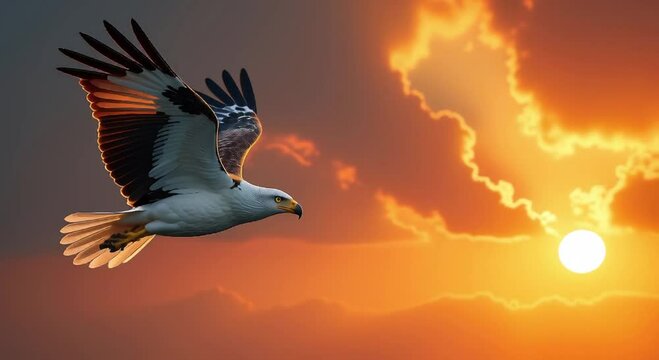 african fish eagle soaring sky sunset wings spread wide white black feathers glistening warm light