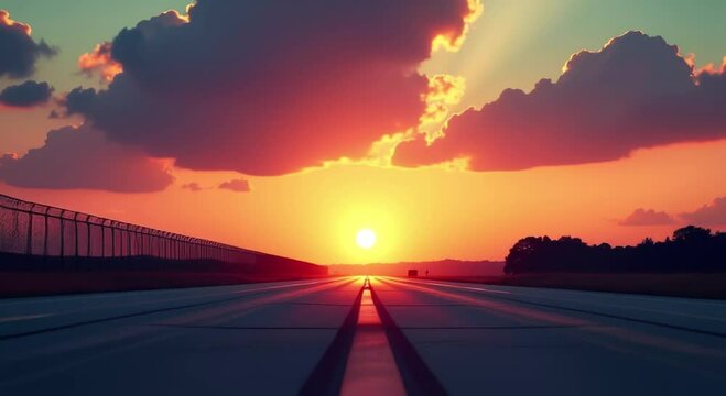 airplane taking airport runway sunset fence left side trees right side sky filled cloud