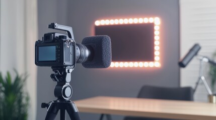 Fototapeta premium Professional Video Camera Setup for Live Podcast Recording in Modern Studio Environment
