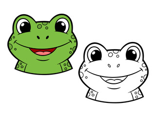 Cute cartoon frog head illustration, with one colored green version and one black and white outline. Ideal for animal themes or coloring pages.