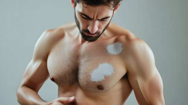 Atopic Dermatitis concept ,Man chest skin condition patchy hair loss applying cream concerned expression showing discomfort close