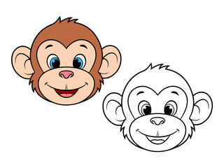 Cute cartoon monkey head illustration, with one colored version and one black and white outline. Ideal for animal themes or coloring pages. © Crazy Monday Studio