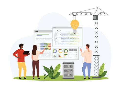 New coding solution in development of mobile applications and software. Tiny people and construction crane with light bulb work on program code, developer brainstorm cartoon vector illustration