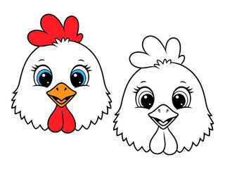 Cute cartoon chicken head illustration, with one colored version and one black and white outline. Ideal for farm animal themes or coloring pages.