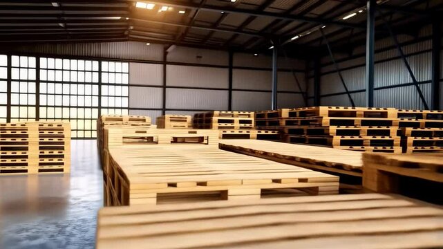Stack of wooden pallets inside warehouse during the daytime. Large inventory of supply in a logistics facility ready for distribution.