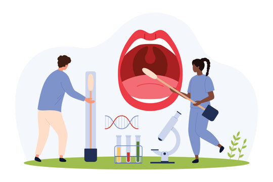DNA tests, paternity genetic research technology vector illustration. Cartoon tiny people holding long buccal cotton swab to take saliva sample from big open mouth of patient, doctors check probes