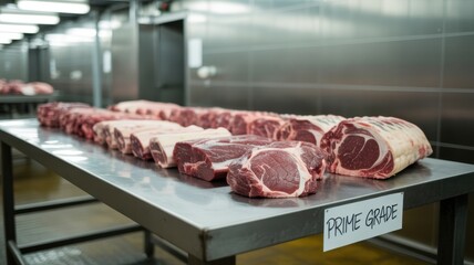 Fresh raw beef cuts on stainless steel table in industrial meat processing facility. Butchery, food production, meat industry and culinary ingredients concept.