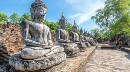 Obraz premium Row of Weathered Stone Buddha Statues at Ancient Temple Ruins