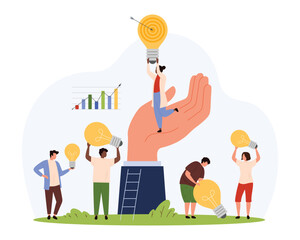 Support for employee smart innovation ideas from boss. Giant hand of corporate leader holding team of tiny people and light bulbs, managers share success ideas with trust cartoon vector illustration