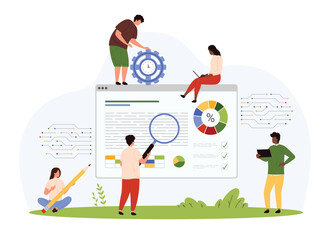 Marketing data analysis and management, financial audit. Tiny people with magnifying glass research digital document online, search progress in statistic charts and graphs cartoon vector illustration