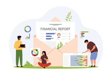 Naklejka premium Financial reports analysis, accounting and audit consulting. Tiny people research digital graphs and statement from open envelope, advisors control and plan company budget cartoon vector illustration