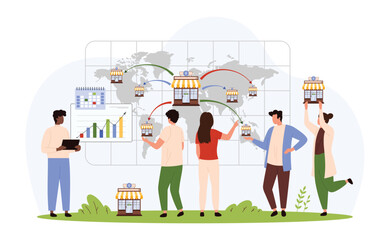 Franchise, global expansion development of corporate company around world. Tiny people place new branch, small models of retail stores or restaurants in network on map cartoon vector illustration