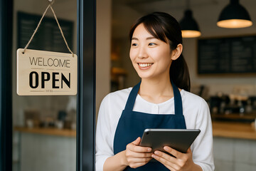 Portrait of happy woman standing at doorway of her store. Cheerful mature waitress waiting for clients at coffee shop. Successful small business owner standing at entrance. Ai Generative.