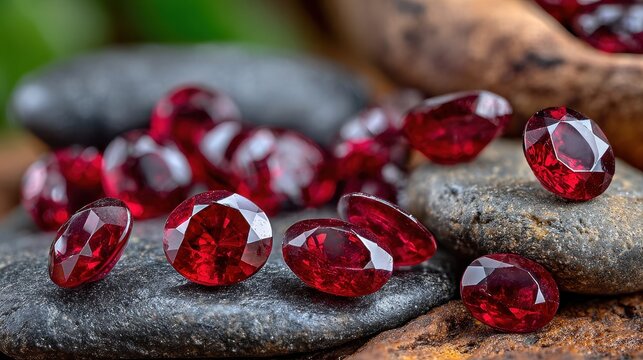 A collection of faceted red rubies are displayed on dark stones, a beautiful gemstone scene showcasing their intense color and sparkle
