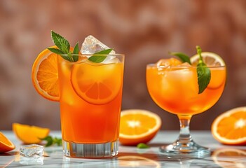 Vibrant orange cocktail, ice, citrus slice in elegant glass Perfect summer refreshment,   drink photography,  sunshine
