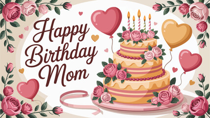 happy birthday mom greeting card with decorated cake, roses, heart balloons, pink floral border, and candles in romantic design
