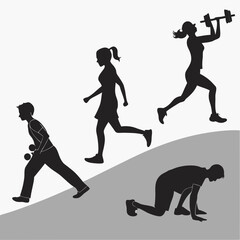 Vector silhouette collection of different poses of people exercising.